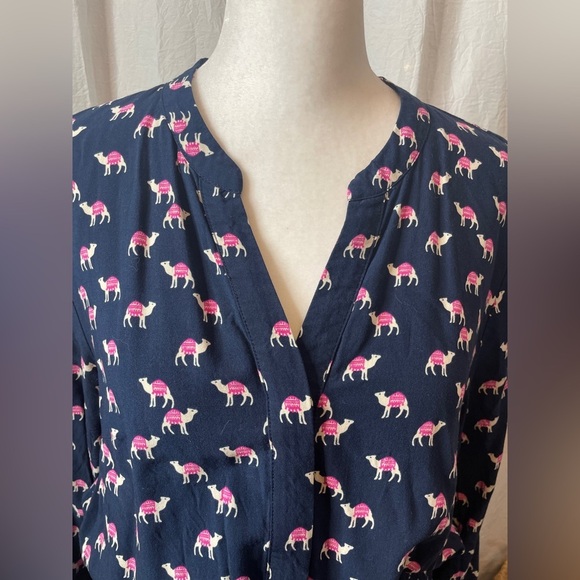 Crown & Ivy Size L Dress Llama Print Roll Tab Sleeve Drawstring Front Button - Picture 5 of 10